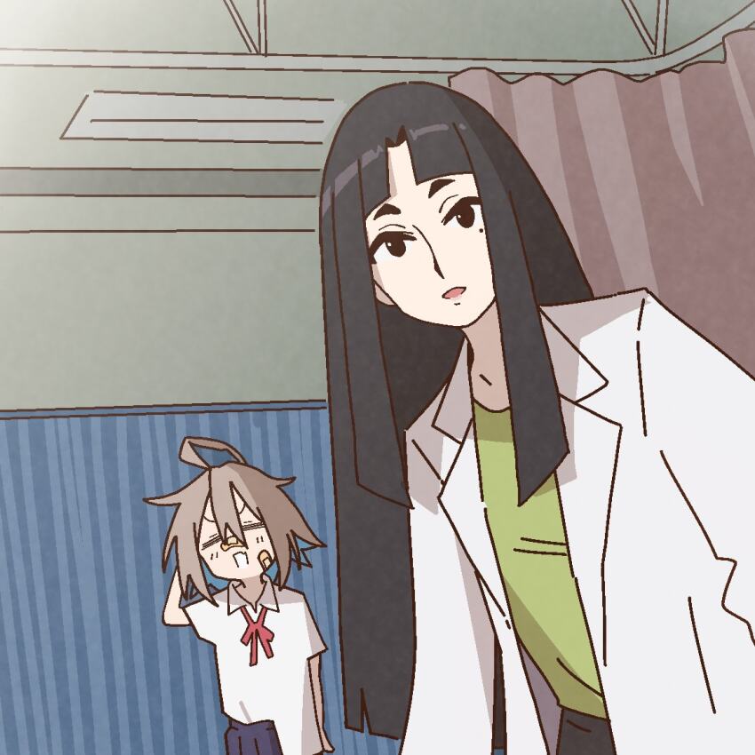 2girls ahoge bandaid bandaid_on_face black_hair character_request do_it_yourself!! grey_hair hospital lab_coat long_hair medium_hair meme metal_gear_(series) metal_gear_solid_v:_the_phantom_pain multiple_girls nine_years_in_a_coma_(meme) pleated_skirt pov ri_6n school_uniform skirt thick_eyebrows yua_serufu