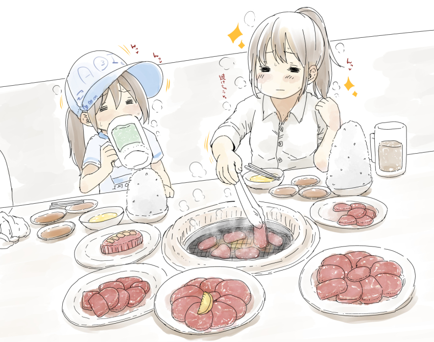 2girls beer_mug bowl buttons collared_shirt cooking cup darius-kun_(sutorobokonbu) drinking food fruit grill grilling hat lemon lemon_slice meat mug multiple_girls original partially_colored plate ponytail raw_meat rice shirt short_sleeves sketch sparkle steam table tongs yakiniku
