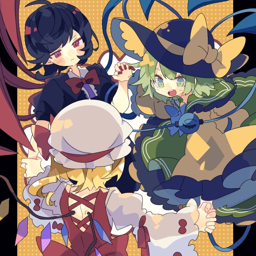 3girls asymmetrical_wings black_dress black_hair blonde_hair blouse blush_stickers dress flandre_scarlet green_hair hat highres holding_hands houjuu_nue juliet_sleeves komeiji_koishi long_sleeves mob_cap multiple_girls nikorashi-ka open_mouth puffy_sleeves red_dress red_eyes shirt short_sleeves side_ponytail stage_connection touhou wings yellow_shirt