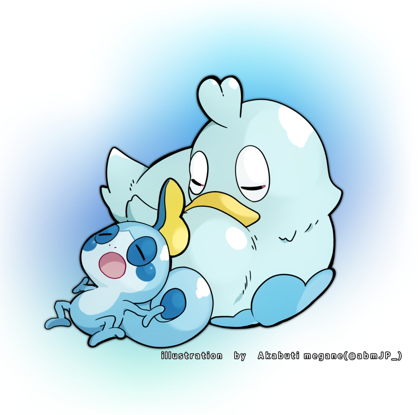 :o akabuchi_megane artist_name bird closed_eyes commentary_request ducklett game_freak gen_5_pokemon gen_8_pokemon highres lying nintendo no_humans open_mouth outstretched_arms pokemon pokemon_(creature) sleeping sobble
