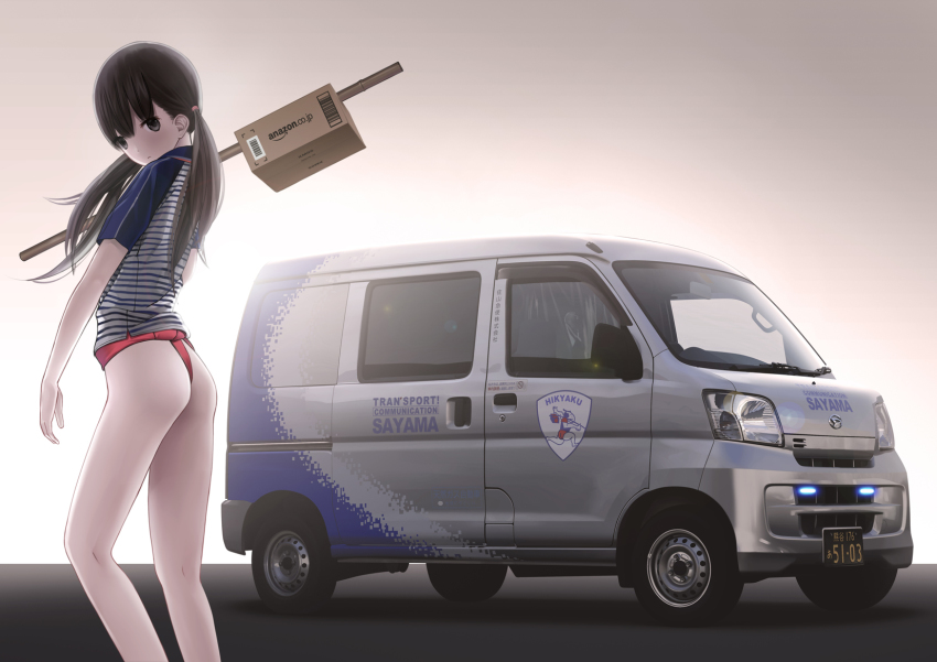 1girl ass bad_id bad_pixiv_id black_eyes black_hair car chikuwa_(glossymmmk) chikuwa_(odennabe) daihatsu delivery female_focus highres loincloth long_hair microvan motor_vehicle simple_background solo standing twintails uniform van white_background window