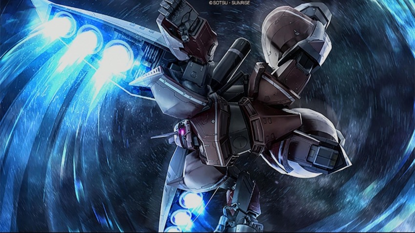copyright_logo gelgoog gelgoog_vertex gundam gundam_battle_operation_2 machinery mecha mecha_focus mobile_suit motion_lines neo_zeon official_art one-eyed painting_(medium) radio_antenna realistic robot scan science_fiction sky space star_(sky) starry_sky sunrise_(company) tenjin_hidetaka thrusters traditional_media vernier_thrusters