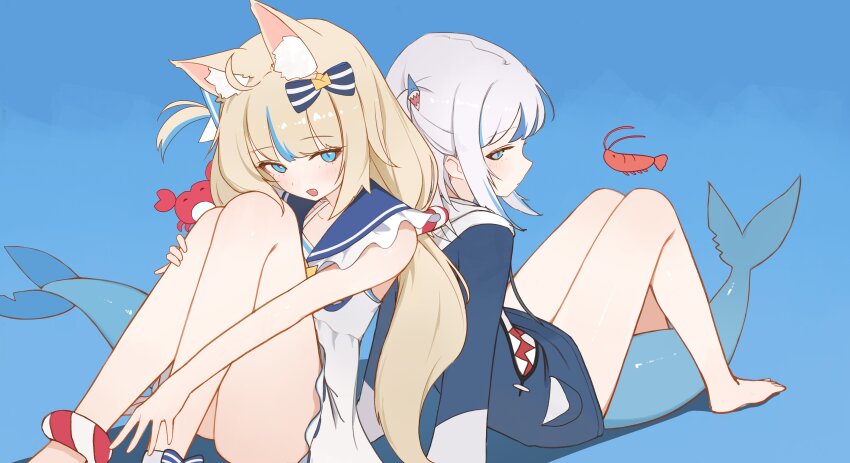2girls :d absurdres ahoge animal_costume animal_ear_fluff animal_ears ankle_bow ankle_ribbon back-to-back barefoot blonde_hair blue_background blue_bow blue_eyes blue_hoodie blue_sailor_collar blue_streaks blunt_bangs bow cat_ears crab dress feet fins fish_girl fish_tail frilled_sailor_collar frills gawr_gura gawr_gura_(1st_costume) grey_hair hair_ornament hand_on_own_leg highres hololive hololive_english hood hoodie indie_virtual_youtuber kaniki_(sameko_saba) knees_together_feet_apart knees_up leg_ribbon lifebuoy_anklet lifebuoy_hair_ornament long_hair low_twintails multicolored_hair multiple_girls one_side_up open_mouth ribbon sailor_collar sailor_dress sameko_saba seuhu shark_costume shark_girl shark_hair_ornament shark_print shark_tail shrimp sidelocks sitting smile streaked_hair tail twintails very_long_hair virtual_youtuber white_dress