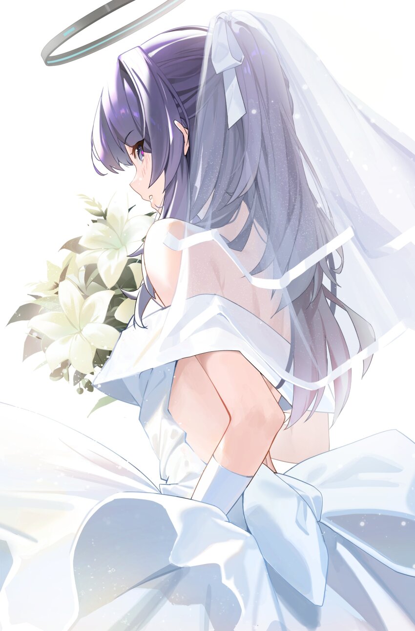 1girl absurdres backless_dress backless_outfit bare_back bare_shoulders black_halo blue_archive blush bouquet dress flower from_behind gloves halo highres holding holding_bouquet long_hair looking_at_viewer looking_back purple_eyes purple_hair solo upper_body veil very_long_hair wedding_dress white_background white_dress white_flower white_gloves white_veil yo_owl yuuka_(blue_archive)