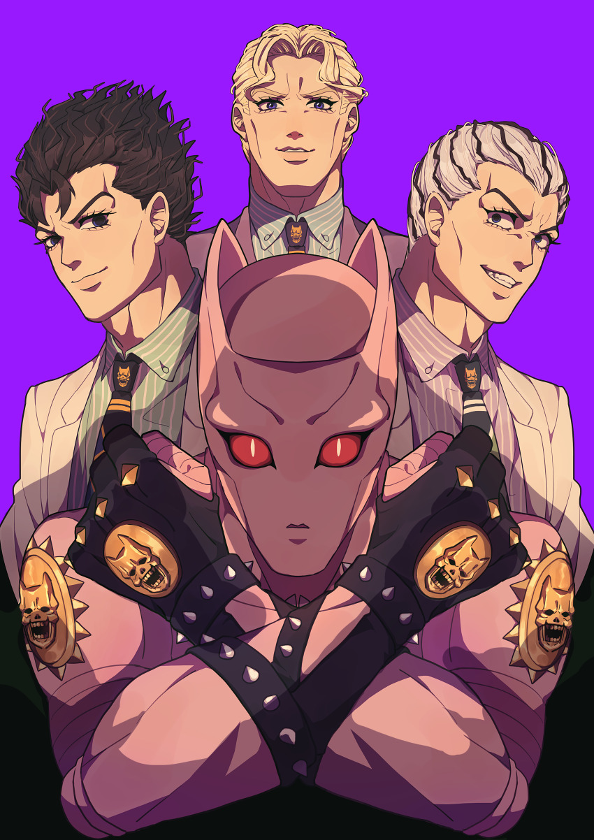 4boys absurdres animal_ears black_eyes black_hair blonde_hair cat_ears colored_sclera diamond_wa_kudakenai formal_clothes grey_hair hair_slicked_back highres jojo_no_kimyou_na_bouken kawajiri_kosaku kira_yoshikage male_focus multicolored_hair multiple_boys multiple_persona necktie red_sclera siniy slit_pupils spiked_hair suit two-tone_hair