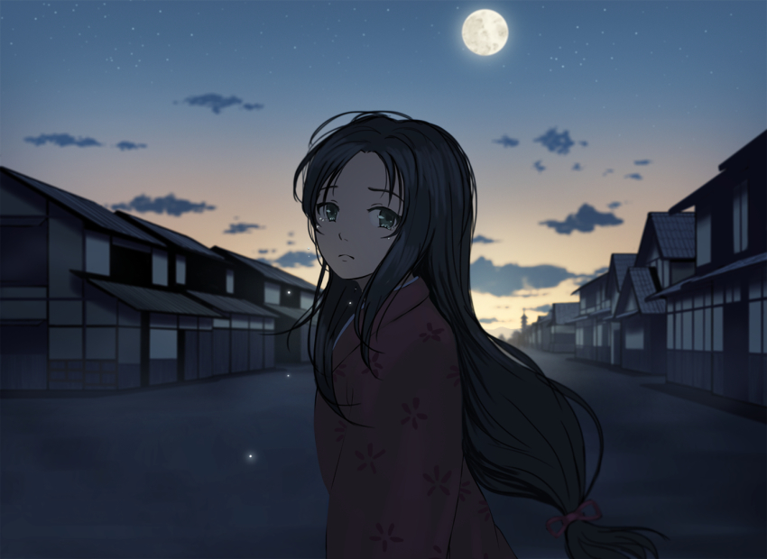 1girl arms_at_sides backlighting black_hair blurry blurry_background closed_mouth cloud cloudy_sky crying crying_with_eyes_open dark_sky darkness doora_(dora0913) flat_chest floral_print full_moon glowing glowing_tears gradient_sky grey_eyes grey_sky hair_ribbon half-closed_eyes house japanese_clothes kaguya-hime_no_monogatari kaguya_hime kimono long_hair looking_at_viewer low-tied_long_hair low_ponytail moon moonlight outdoors parted_bangs perspective pink_kimono ponytail red_ribbon ribbon sad sky solo star_(sky) starry_sky streaming_tears sunlight sunset tears tsurime upper_body vanishing_point village yellow_sky