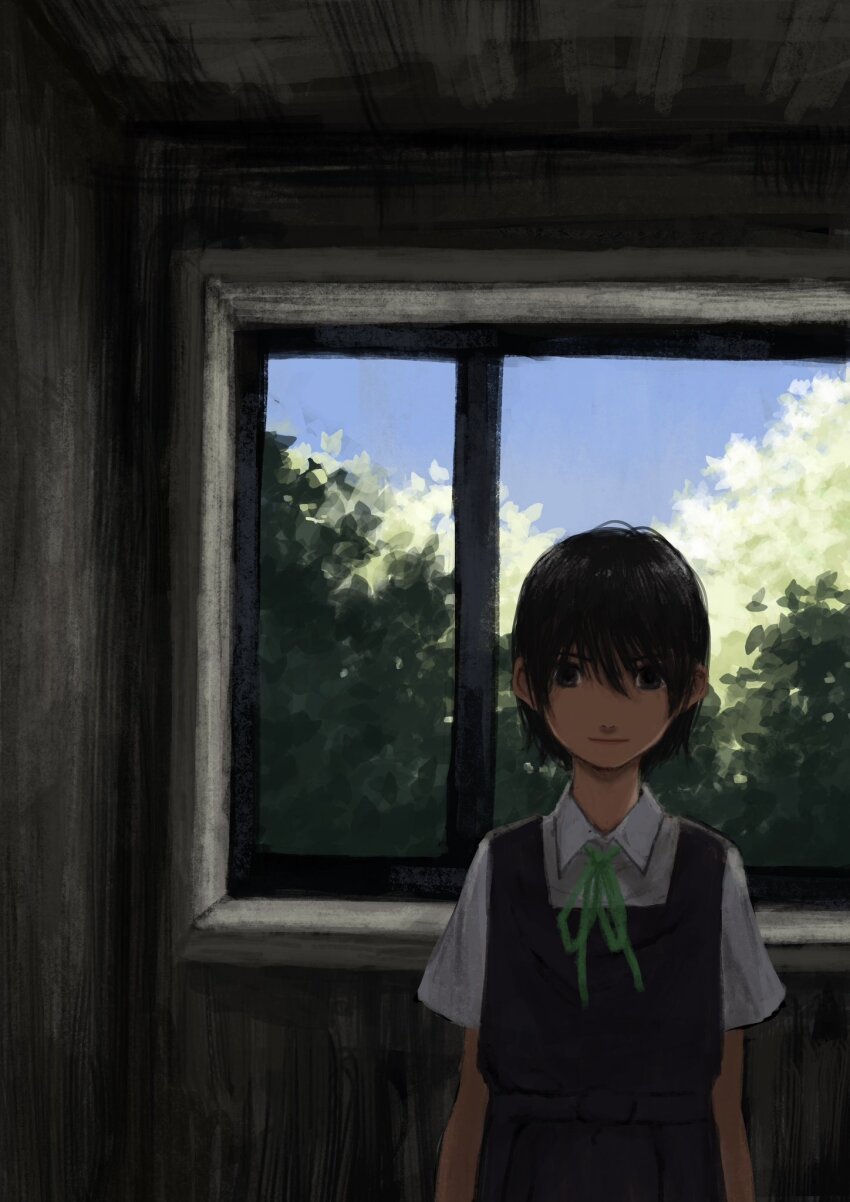 1girl arms_at_sides bad_id bad_twitter_id black_dress black_eyes black_hair closed_mouth collared_shirt dress hair_between_eyes highres indoors original pinafore_dress shirt short_hair short_sleeves sleeveless sleeveless_dress solo upper_body wabuchi white_shirt window