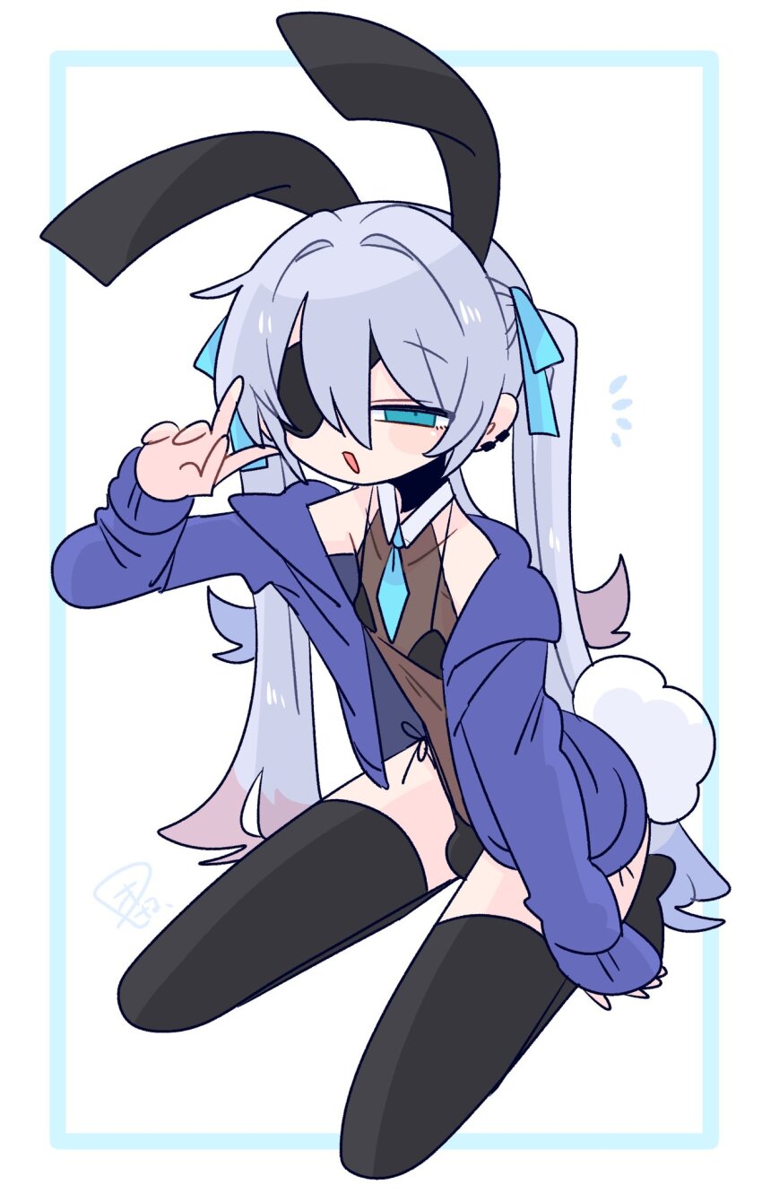 1boy animal_ear_hairband animal_ears armpit_crease bare_shoulders black_bra black_hairband black_leotard black_panties black_thighhighs blue_bow blue_cardigan blue_eyes blue_hair blue_necktie bow bra bulge cardigan collarbone colored_tips commentary crossdressing crossdressing_(mtf) double-parted_bangs dutch_angle earclip eyepatch fake_animal_ears fake_tail flipped_hair from_above full_body hair_between_eyes hair_bow hair_intakes hairband hand_up highres legs_apart leotard light_blush long_hair long_sleeves male_focus multicolored_hair narrowed_eyes necktie no_nose no_shoes off_shoulder one_eye_covered op_na_yarou open_cardigan open_clothes open_mouth original panties quad_tails rabbit_ear_hairband rabbit_ears rabbit_tail raised_eyebrows red_hair rigel_(op_na_yarou) see-through_clothes see-through_leotard seiza side-tie_panties sidelocks simple_background sitting sleeves_past_wrists solo straight_hair tail thighhighs thighs trap underwear v very_long_hair watermark white_background white_hair