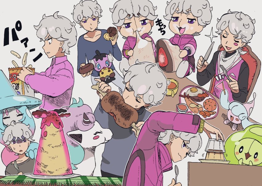 1boy bede_(pokemon) blush_stickers chewing closed_eyes closed_mouth collarbone commentary_request cup duosion eating egg_(food) food fried_egg galarian_form galarian_ponyta gen_5_pokemon gen_8_pokemon gothita grey_hair grey_shirt hatenna hatterene highres holding holding_knife holding_spoon knife looking_down mug nashubi_(to_infinity_wow) nintendo open_mouth opening pokemon pokemon_(creature) pokemon_swsh pudding purple_eyes shaded_face shirt spoon tongue translation_request