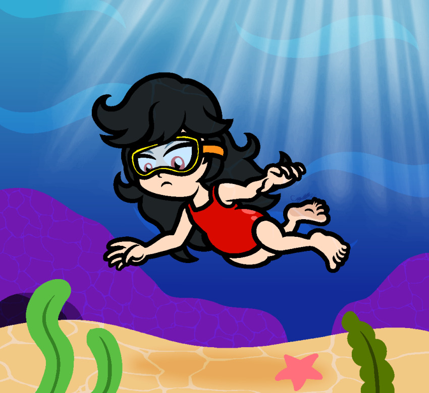 1girl ashley_(warioware) black_hair captainquack64 goggles nintendo ocean one-piece_swimsuit red_eyes red_one-piece_swimsuit sand seaweed solo starfish summer swimming swimsuit twintails underwater warioware water witch