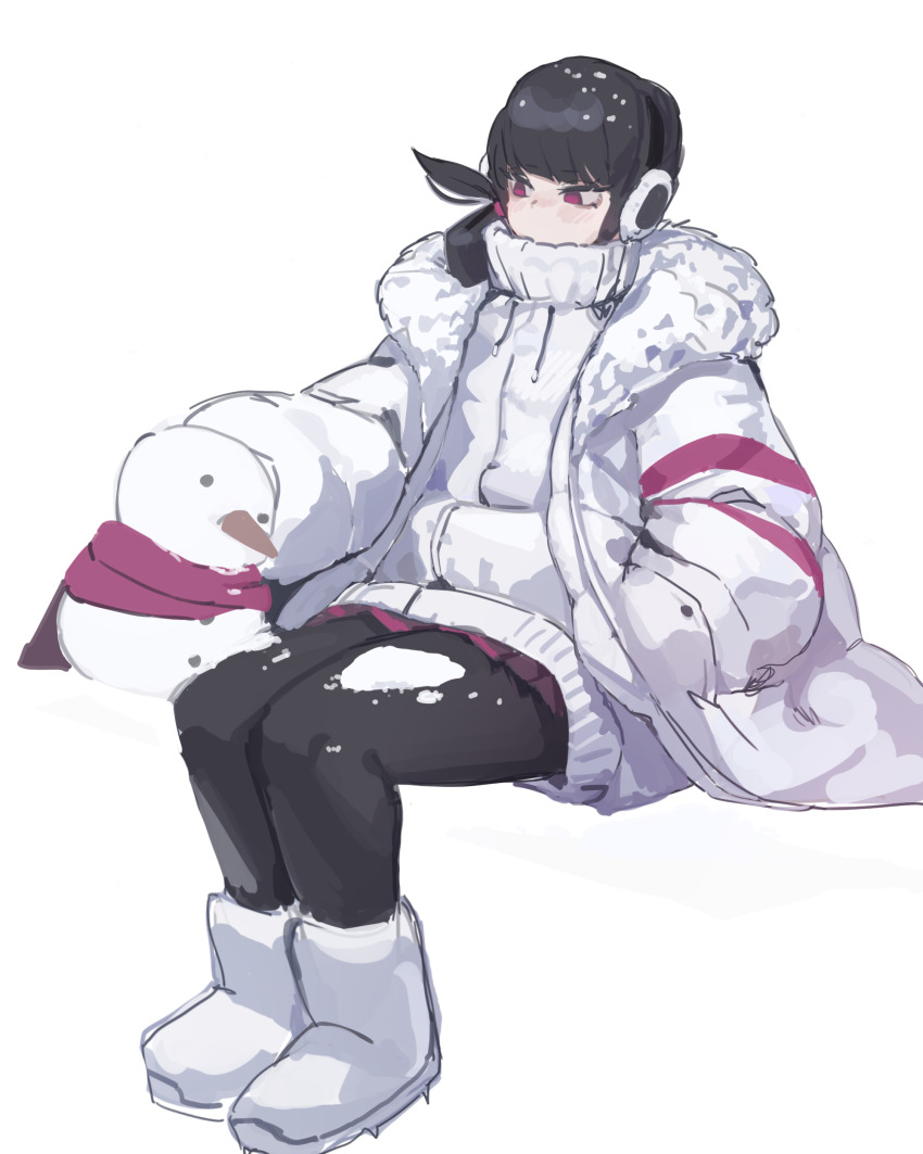 1girl absurdres black_hair black_pantyhose coat commentary earmuffs english_commentary fur-trimmed_coat fur_trim gya_rb hand_in_pocket highres hood hoodie long_sleeves medium_hair one_side_up original pantyhose pink_eyes pink_scarf pink_skirt pleated_skirt puffy_long_sleeves puffy_sleeves scarf simple_background sitting skirt snow snow_on_body snow_on_head snowman solo turtleneck white_background white_coat white_footwear white_hoodie winter_clothes winter_coat