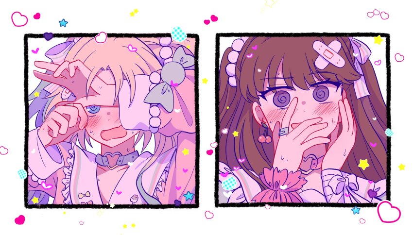 2girls :d @_@ aqua_dress arms_up bandaged_arm bandages bandaid bandaid_hair_ornament bandaid_on_finger bandaid_on_hand blonde_hair blue_choker blue_eyes blue_hair blush border brown_hair choker collarbone commentary_request covering_one_eye covering_own_eyes dress flustered frilled_sailor_collar frills fujishima_megumi gradient_hair hair_ornament hair_ribbon hakuchu_a_la_mode hand_on_own_cheek hand_on_own_face hands_up heart heart_o-ring heart_ring_choker highres light_blue_hair link!_like!_love_live! long_hair long_sleeves love_live! mira-cra_park! multicolored_hair multiple_girls o-ring o-ring_choker official_alternate_costume open_mouth osawa_rurino parted_bangs pink_dress purple_eyes ribbon sailor_collar sailor_dress smile star_(symbol) striped_ribbon sweat twintails two_side_up virtual_youtuber watage_modoki white_border white_ribbon white_sailor_collar
