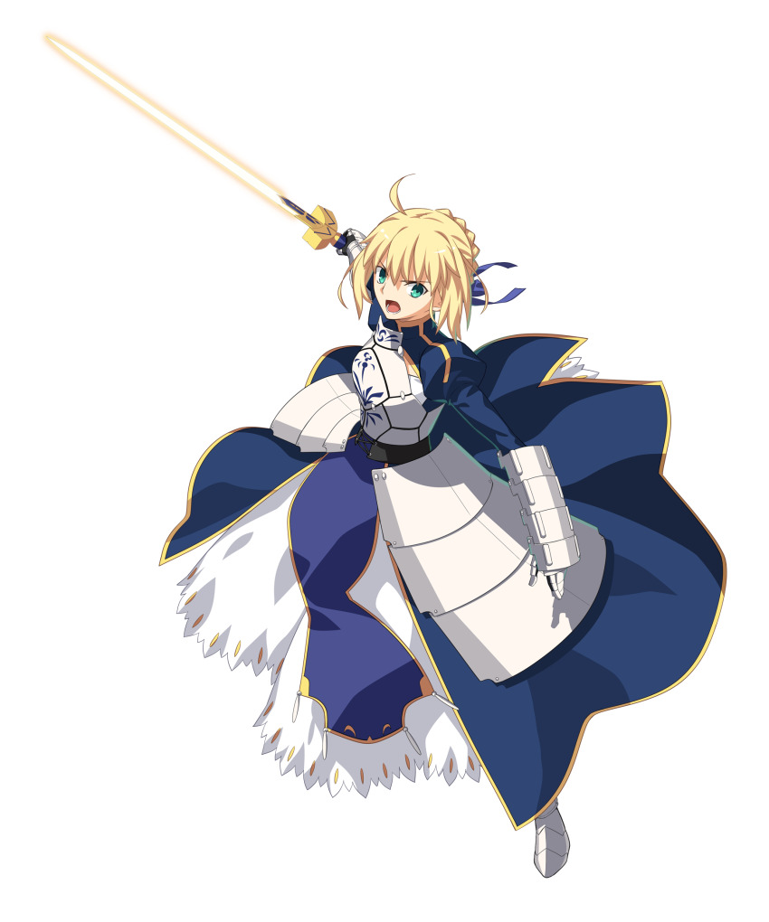 1girl ahoge anime_coloring arm_guards armor armored_boots armored_dress artoria_pendragon_(fate) black_corset blonde_hair blue_collar blue_dress blue_ribbon boots braid breastplate bun_with_braided_base collar collared_dress corset cross-laced_clothes cross-laced_corset dress excalibur_(fate/stay_night) fate/grand_order fate/stay_night fate_(series) full_body game_cg gauntlets gold_trim green_eyes grey_armor grey_boots hair_between_eyes hair_bun hair_ribbon highres holding holding_sword holding_weapon kawasumi_ayako looking_at_viewer lower_teeth_only melty_blood melty_blood:_type_lumina mizuumi_(site) non-web_source official_art open_mouth petticoat print_armor ribbon saber_(fate) short_hair sidelocks simple_background single_hair_bun solo sword tachi-e takeuchi_takashi teeth tongue tsukihime tsukihime_(remake) two-tone_dress type-moon v-shaped_eyebrows voice_actor_connection weapon white_petticoat