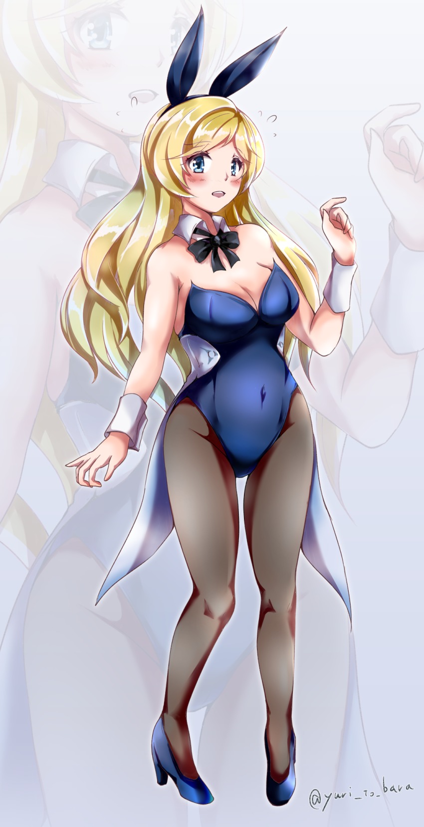 1girl animal_ears bad_id bad_pixiv_id blonde_hair blue_eyes blush breasts fake_animal_ears female_focus high_heels highres l.alice large_breasts leotard long_hair melua_melna_meia pantyhose playboy_bunny rabbit_ears rabbit_girl solo super_robot_wars super_robot_wars_judgement super_robot_wars_og_moon_dwellers super_robot_wars_original_generation