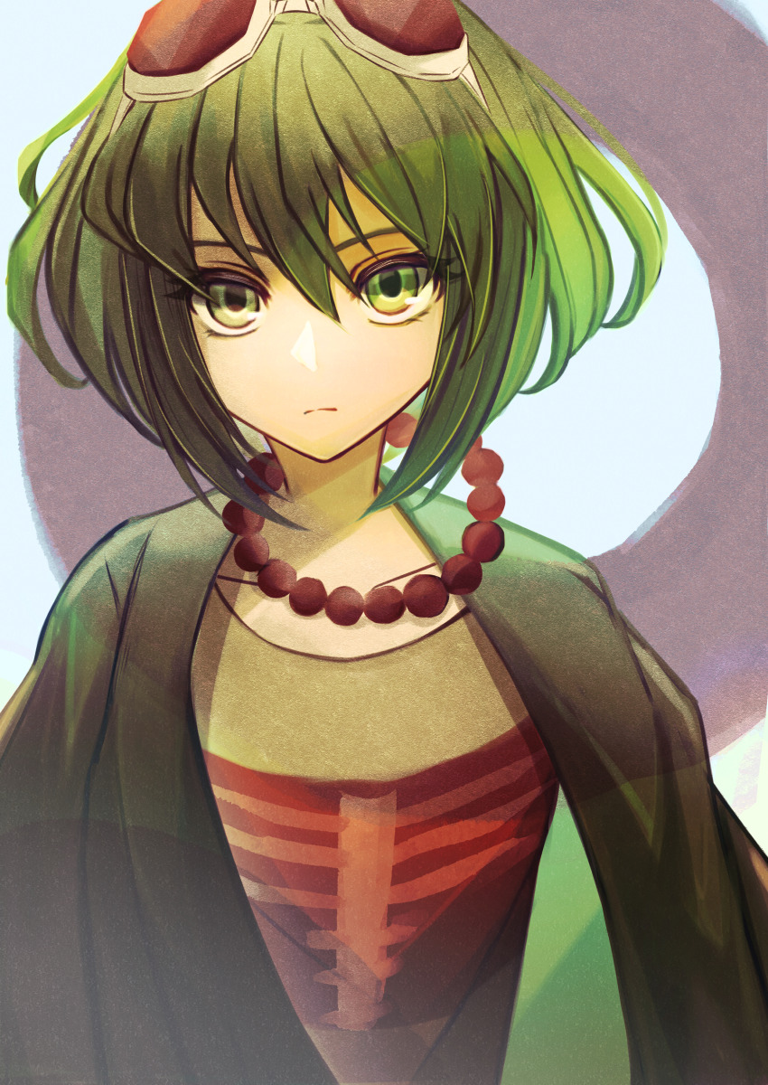 1girl absurdres bead_necklace beads commentary_request donut donut_hole_(vocaloid) food goggles goggles_on_head green_eyes green_hair gumi highres jacket jewelry looking_at_viewer necklace open_clothes open_jacket short_hair solo tsumurimai upper_body vocaloid