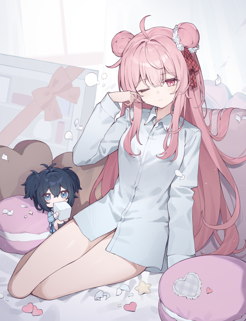 2girls ahoge arm_support bare_legs bed_sheet blue_eyes blue_hair commentary_request double_bun food hair_bun happy_sugar_life heart highres koube_shio long_hair macaron maidcode1023 matsuzaka_satou mini_person minigirl multiple_girls one_eye_closed pajamas pillow pink_hair rubbing_eyes short_twintails sidelocks simple_background sugar_cube twintails white_background white_pajamas