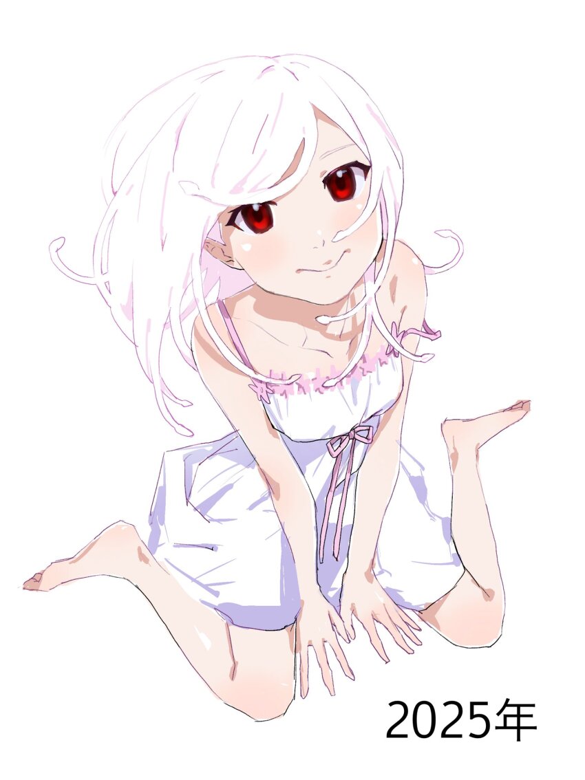 1girl bare_shoulders barefoot bow closed_mouth collarbone dress dress_bow feet from_above full_body highres long_hair looking_at_viewer looking_up monogatari_(series) official_alternate_color official_alternate_eye_color official_alternate_hair_color pink_bow pink_trim red_eyes sengoku_nadeko simple_background sitting sleeveless sleeveless_dress smile snake solo spaghetti_strap strap_slip sundress tagme tonabe wariza white_background white_dress white_hair