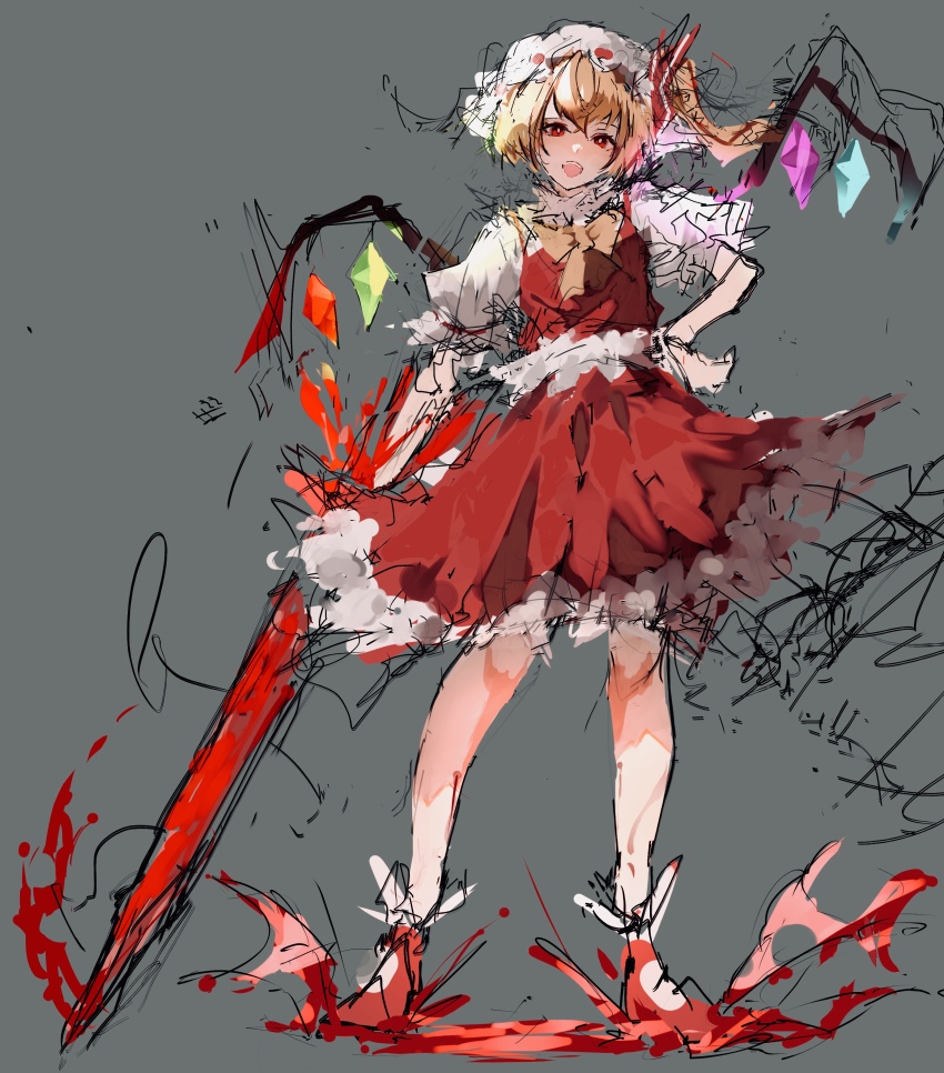1girl absurdres blonde_hair blood bloody_weapon bow bowtie crystal_wings flandre_scarlet frilled_hat frills grey_background hair_between_eyes hand_on_own_hip hat highres holding holding_sword holding_weapon looking_at_viewer mob_cap open_mouth po_(anhk5528) puffy_short_sleeves puffy_sleeves red_bow red_bowtie red_eyes red_footwear red_skirt red_vest shirt short_sleeves side_ponytail simple_background skirt skirt_set smile sword touhou vest weapon white_hat white_shirt