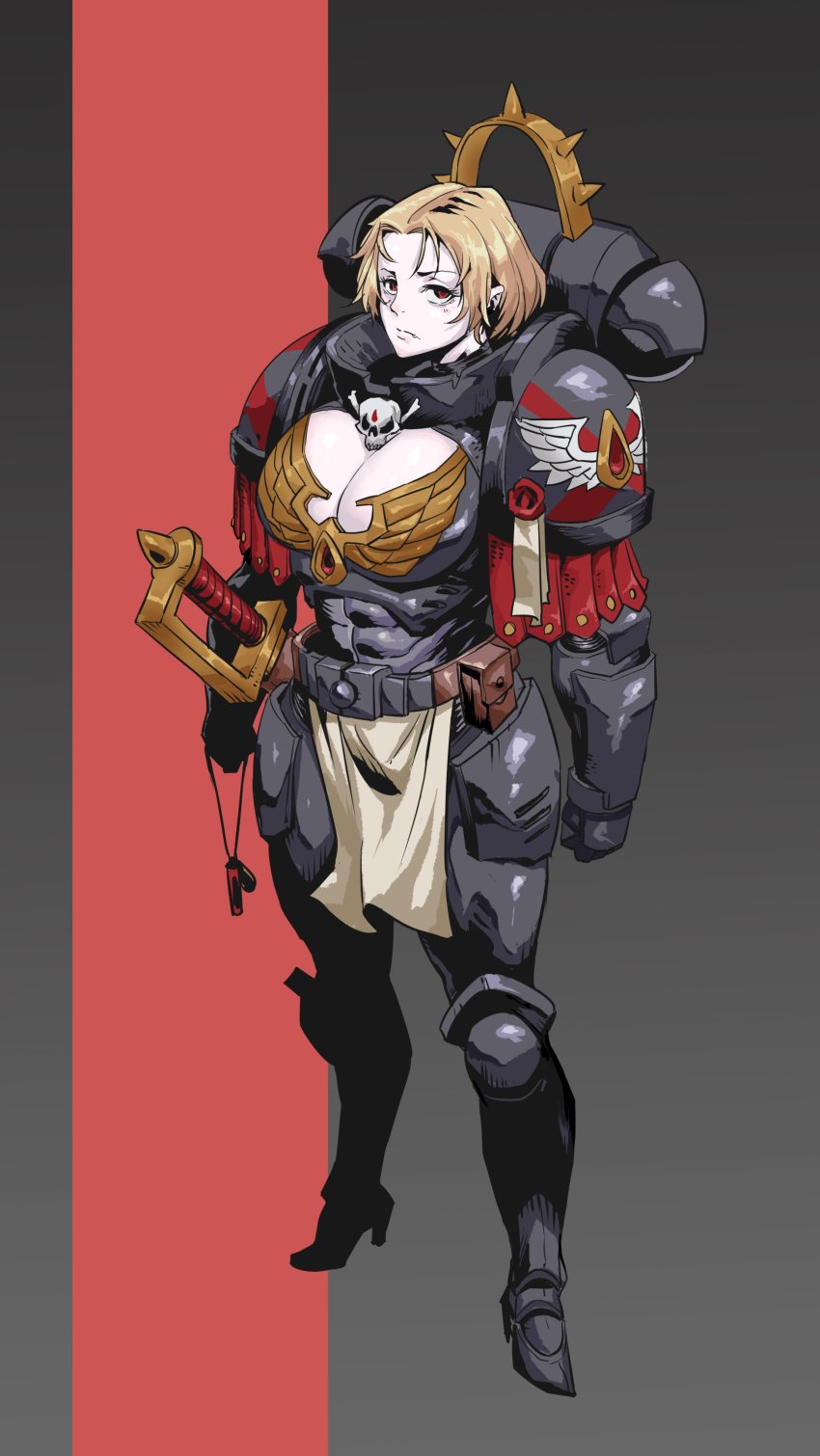 1girl abs absurdres adeptus_astartes aquila_(symbol) armor black_armor blonde_hair blood_angels breasts cleavage cleavage_cutout clothing_cutout death_company full_body genderswap genderswap_(mtf) high_heels highres large_breasts looking_at_viewer muscular muscular_female power_armor primaris_space_marine red_eyes rmulderz sheath sheathed short_hair simple_background skull skull_ornament solo sword tabard warhammer_40k weapon