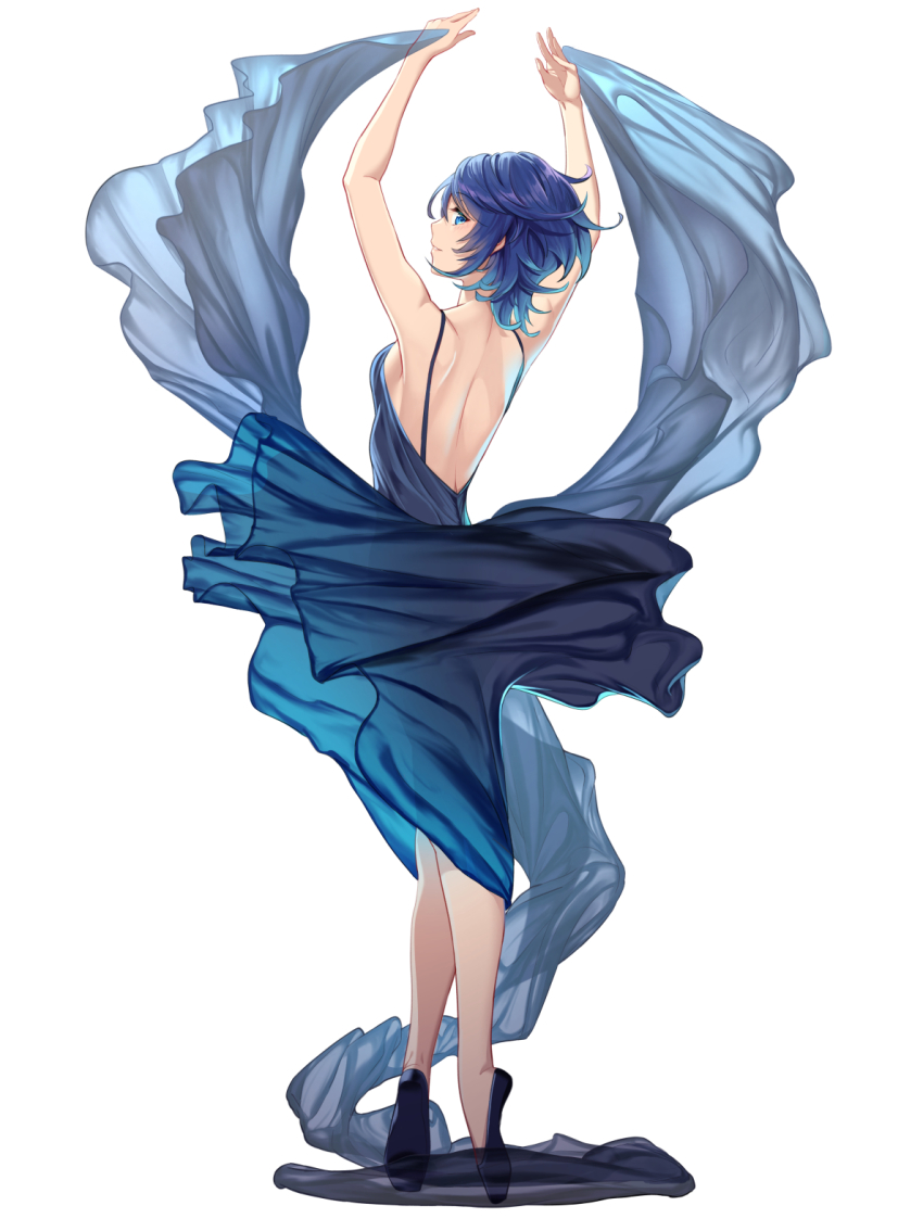1girl aqua_(kingdom_hearts) arms_up back ballet_slippers blue_dress blue_eyes blue_hair breasts dress gogo_(detteiu_de) highres kingdom_hearts kingdom_hearts_birth_by_sleep looking_at_viewer looking_back shawl sideboob simple_background smile solo tiptoes white_background
