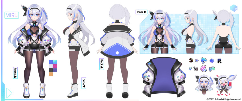 1girl badge black_bow black_gloves black_hairband black_leotard black_pantyhose black_shorts blue_eyes blue_hair blue_jacket blue_leotard boots bow breasts button_badge cawang center_opening character_name chibi chibi_inset clothes_on_and_off collared_jacket color_guide colored_shoe_soles company_logo copyright_logo copyright_name copyright_notice fingerless_gloves from_behind full_body game_controller_print gloves grey_hair hair_bow hair_ornament hairband halter_leotard halterneck highleg highleg_leotard highres jacket leotard letter_hair_ornament logo_print long_hair medium_breasts miru_(ruliweb) multicolored_hair multicolored_jacket multicolored_leotard multiple_views off_shoulder official_art one_side_up pantyhose reference_sheet ruliweb short_shorts shorts standing sticker_on_clothes straight-on streaked_hair turnaround two-sided_fabric two-sided_jacket virtual_youtuber white_background white_boots white_jacket white_leotard