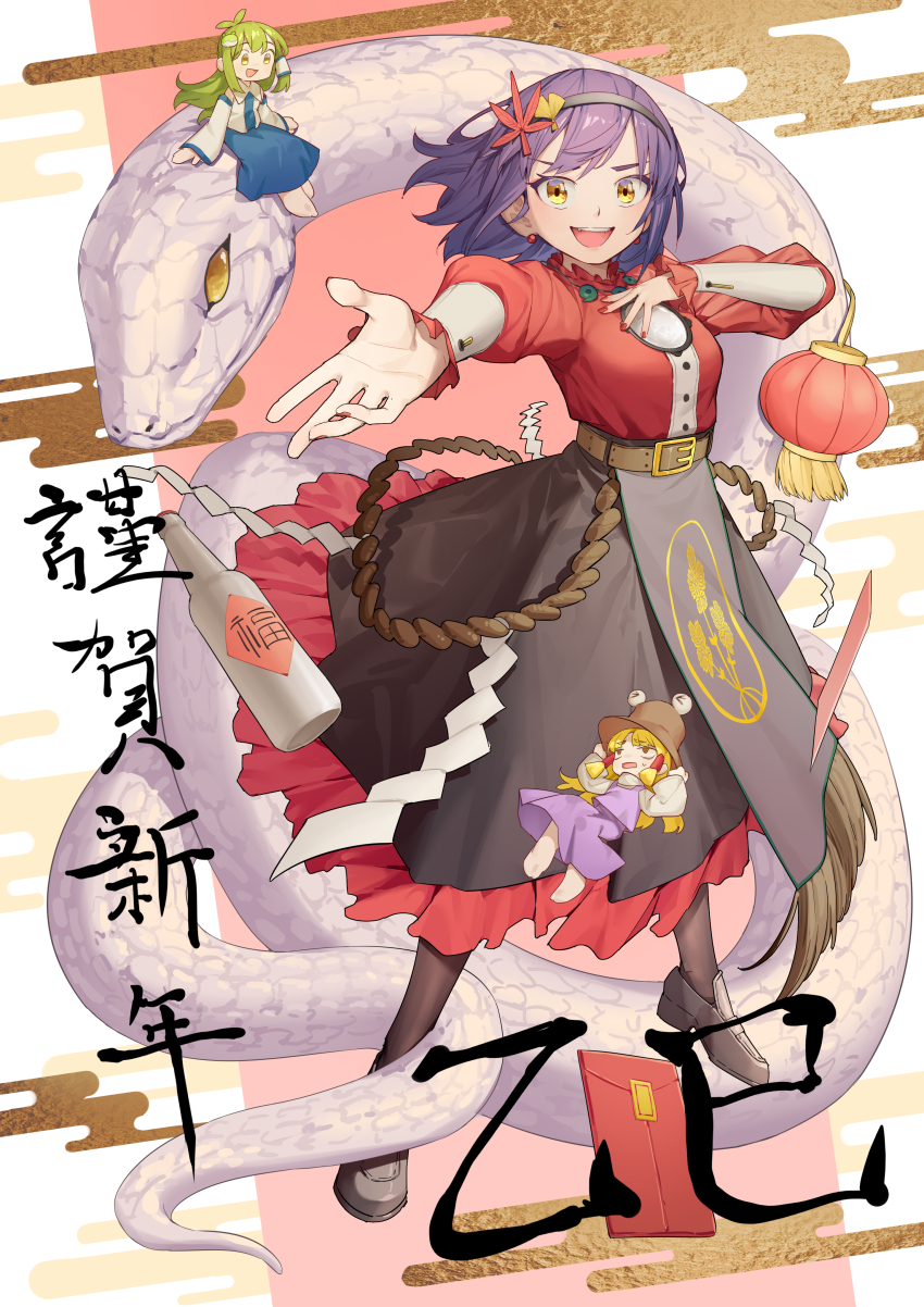 &gt;_&lt; 3girls absurdres animal bare_shoulders belt black_footwear black_hairband black_leggings blonde_hair blue_skirt bottle breasts brown_belt chinese_new_year detached_sleeves frog_hair_ornament giant_snake green_hair hair_ornament hair_tubes hairband hand_on_own_chest hat highres kochiya_sanae lantern leaf leggings long_hair long_sleeves looking_at_viewer maple_leaf mirror moriya_suwako multiple_girls outstretched_hand oversized_animal paper_lantern purple_hair red_eyes red_nails rope shimenawa shirt short_hair sitting sitting_on_animal skirt snake snake_hair_ornament sweat touhou white_shirt wine_bottle yasaka_kanako yazato_ichimushi yellow_eyes