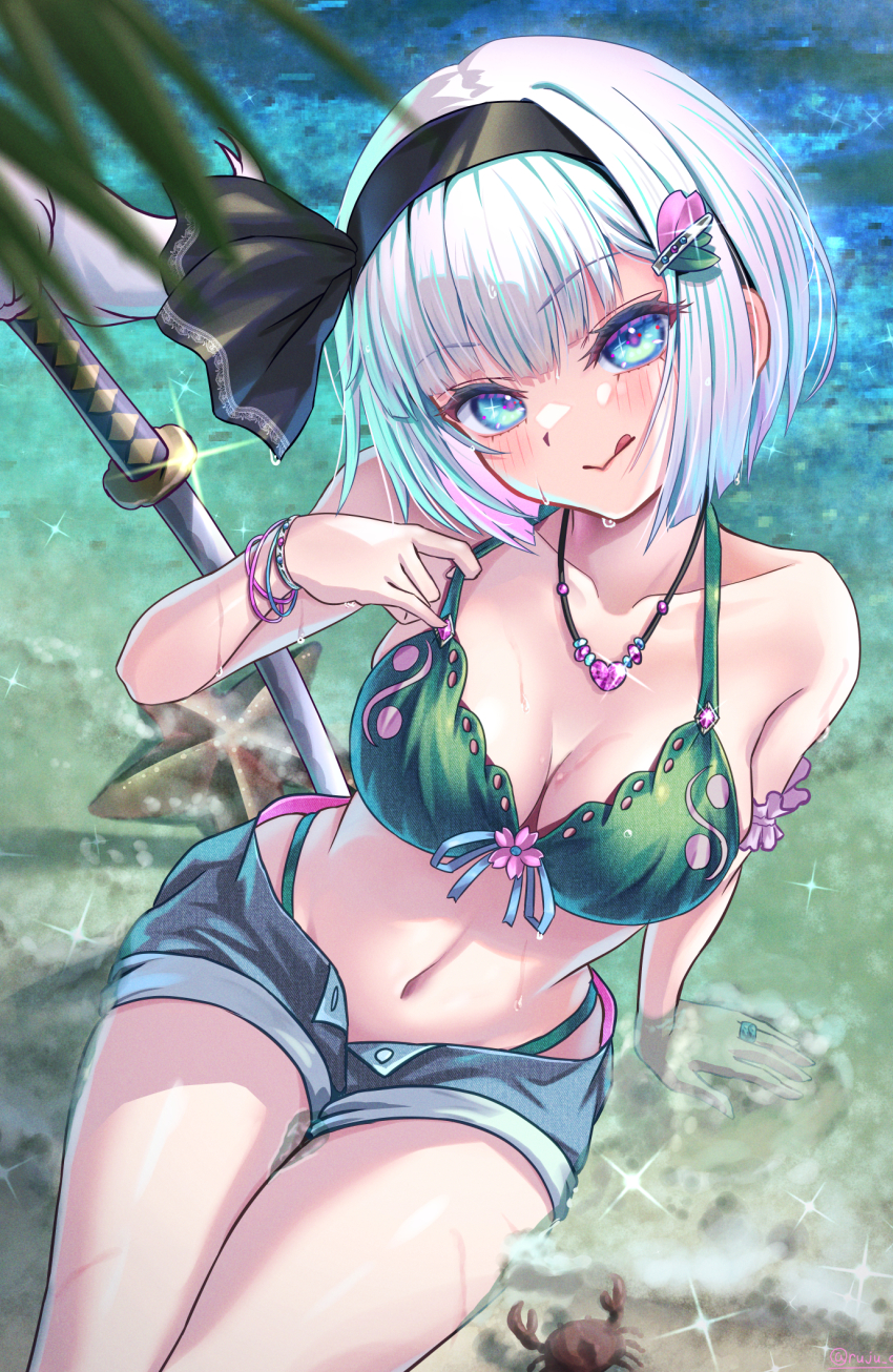 1girl :q alternate_costume bikini bikini_top_only black_hairband blue_eyes blue_shorts blush bracelet breasts cleavage closed_mouth collarbone commentary_request crab glint green_bikini grey_hair hair_ornament hairband heart_pendant highres jewelry konpaku_youmu looking_at_viewer necklace ocean outdoors rouge_(my_rouge) shorts smile solo starfish stomach swimsuit sword tongue tongue_out touhou weapon wet
