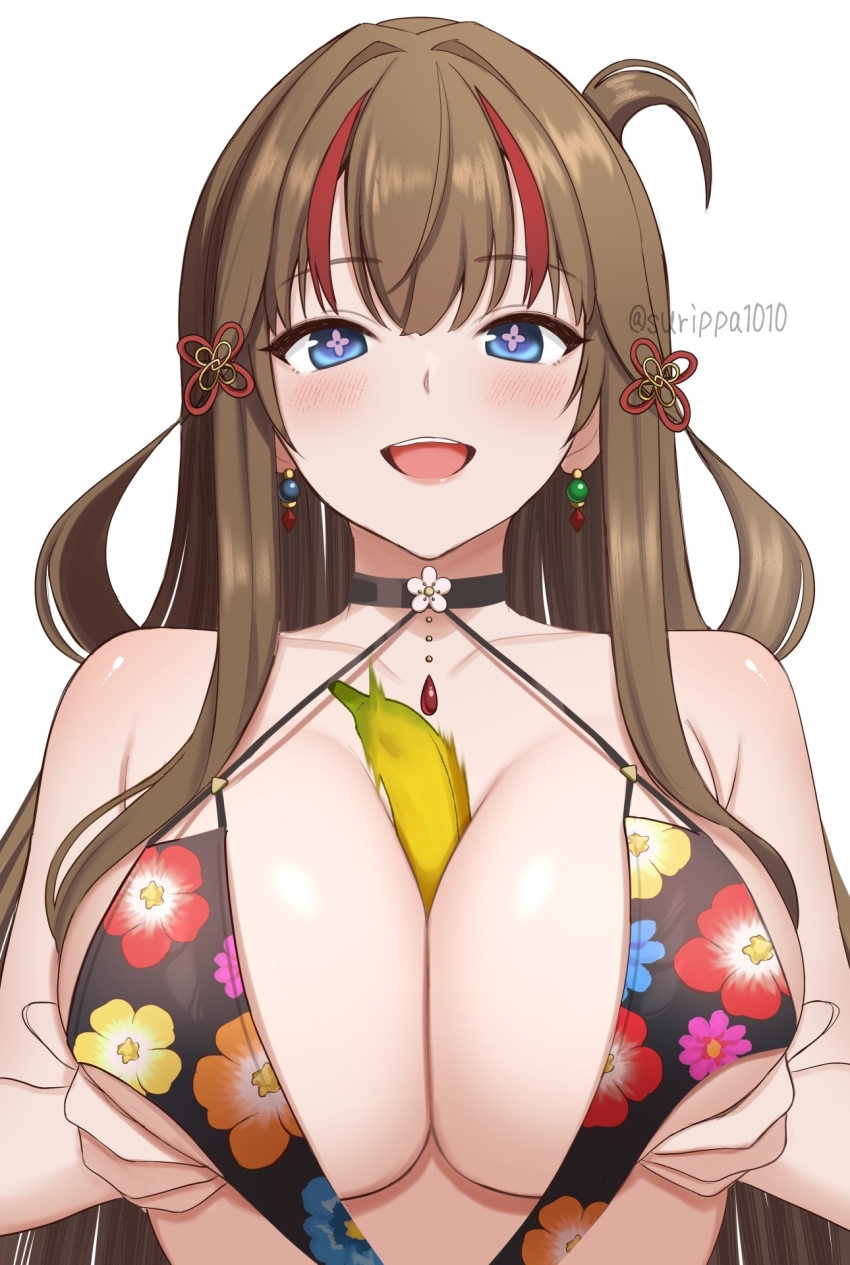 +_+ 1girl banana black_choker blue_eyes breasts breasts_squeezed_together brown_hair choker earrings floral_print food food_between_breasts fruit hair_ornament highres jewelry large_breasts long_hair multicolored_hair phallic_symbol senran_kagura simulated_paizuri slingshot_swimsuit solo streaked_hair surippa1010 swimsuit symbol-shaped_pupils toki_(senran_kagura) very_long_hair