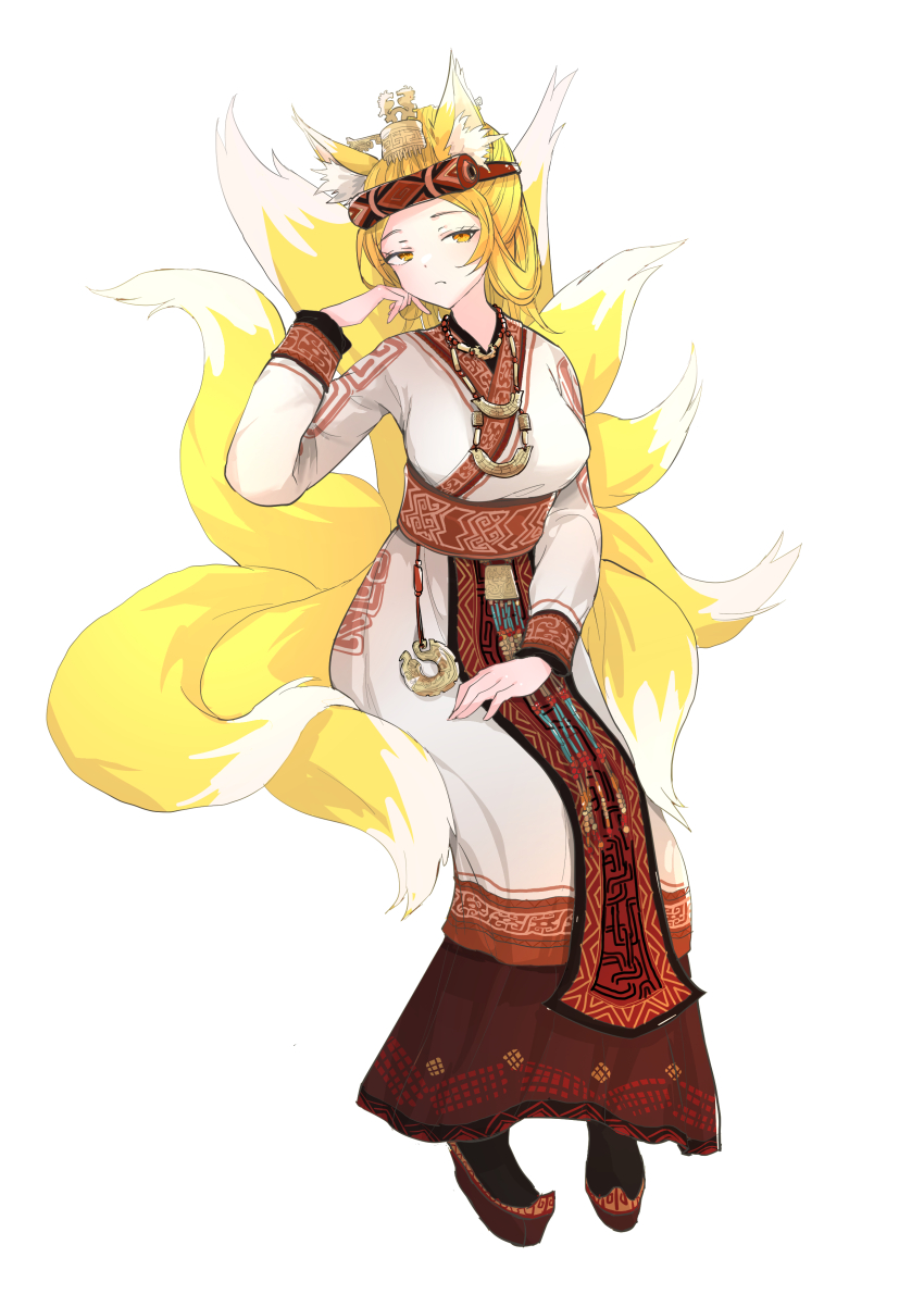 1girl absurdres alternate_costume animal_ear_fluff animal_ears blink_(hontsev) blonde_hair breasts closed_mouth clothing_request commentary_request dress fox_ears fox_tail highres jewelry kitsune kyuubi long_sleeves looking_at_viewer multiple_tails necklace simple_background tail touhou white_background yakumo_ran yellow_eyes
