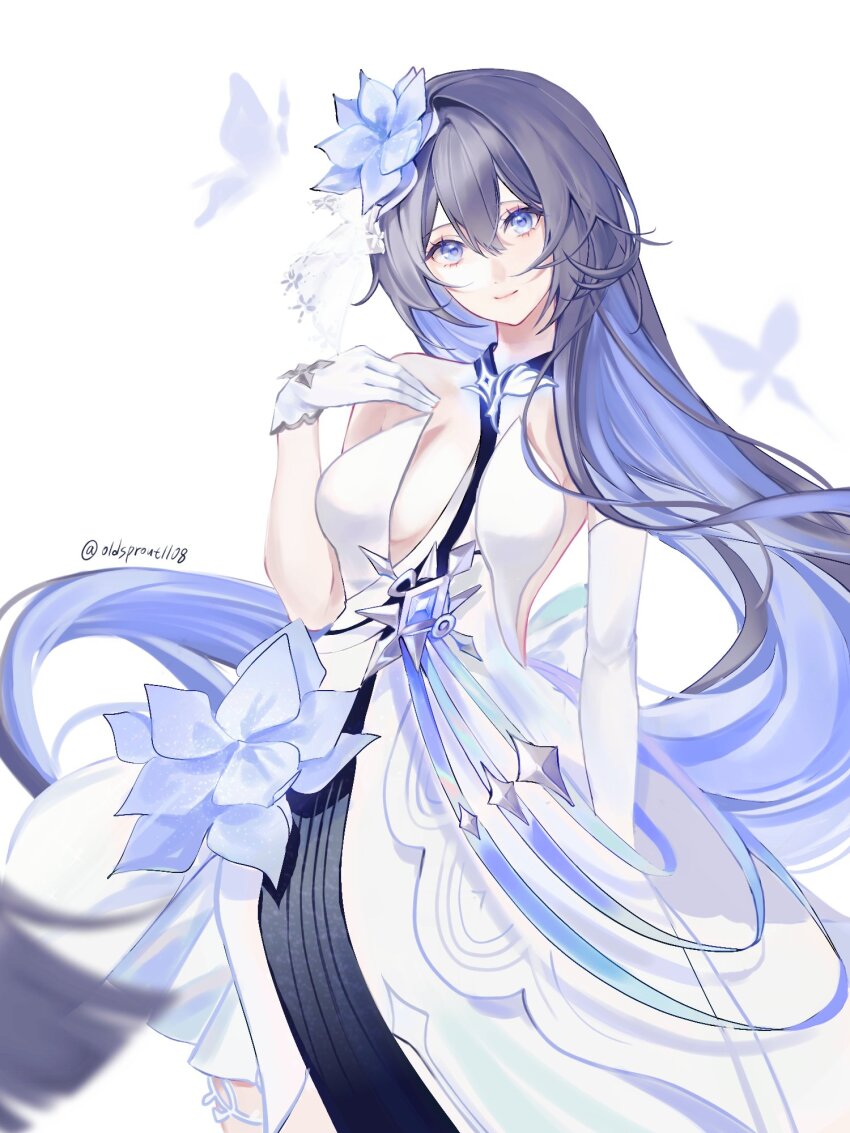 1girl breasts butterfly_hair_ornament commentary cowboy_shot dress gloves hair_ornament hashtag-only_commentary highres honkai_(series) honkai_impact_3rd large_breasts looking_at_viewer oldsprout1108 purple_eyes purple_hair seele_vollerei seele_vollerei_(herrscher_of_rebirth) simple_background smile solo white_background white_dress white_gloves