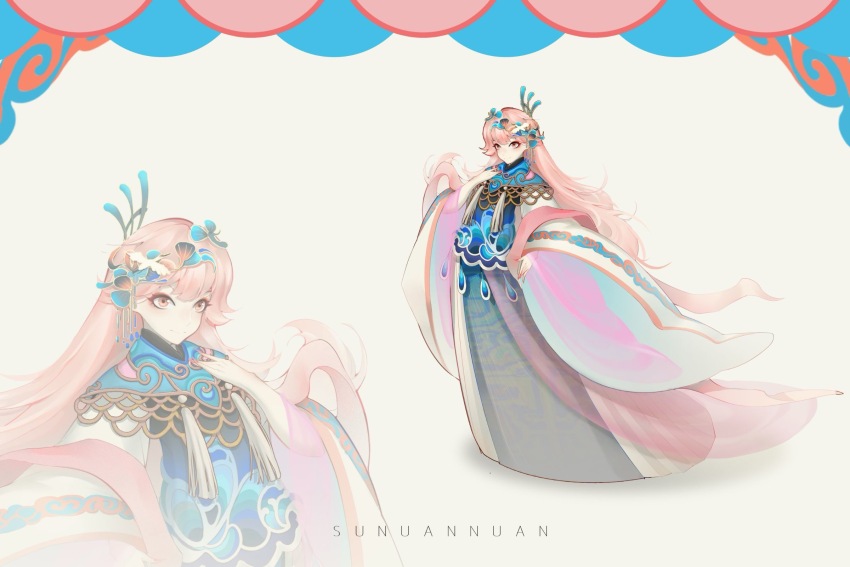 1girl bird bird_hair_ornament blue_collar blue_hanfu brown_eyes character_name chinese_clothes chinese_commentary closed_mouth collar commentary_request crane_(animal) curtains eyelashes eyeshadow full_body grey_background hair_ornament hand_on_own_chest hanfu happy highres huazhiyongzhe long_hair long_sleeves looking_at_viewer makeup nail_polish nikki_(nikki) nikki_(series) pink_eyeshadow pink_hair pink_nails pink_shawl pinyin_text robe second-party_source shadow shawl smile standing very_long_hair white_robe wide_sleeves yunjian zoom_layer
