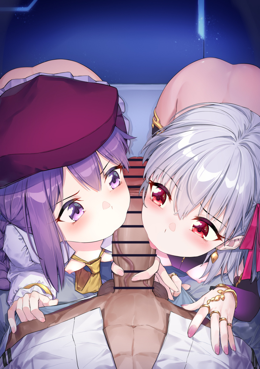 1boy 2girls aged_down ass bar_censor blush breasts censored coffeekite erection fate/grand_order fate_(series) fellatio ffm_threesome grey_hair group_sex highres kama_(fate) kama_(first_ascension)_(fate) licking licking_penis long_hair multiple_girls necktie nipples oral penis pov purple_eyes purple_hair red_eyes short_hair sion_eltnam_(type-moon) sion_eltnam_sokaris small_breasts threesome white_hair yellow_necktie