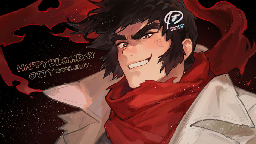 1boy 2023 black_hair dated getter_robo grin hamaru_log happy_birthday highres jacket looking_at_viewer male_focus nagare_ryoma portrait red_scarf scarf shin_getter_robo short_hair smile solo thick_eyebrows torn_clothes torn_scarf
