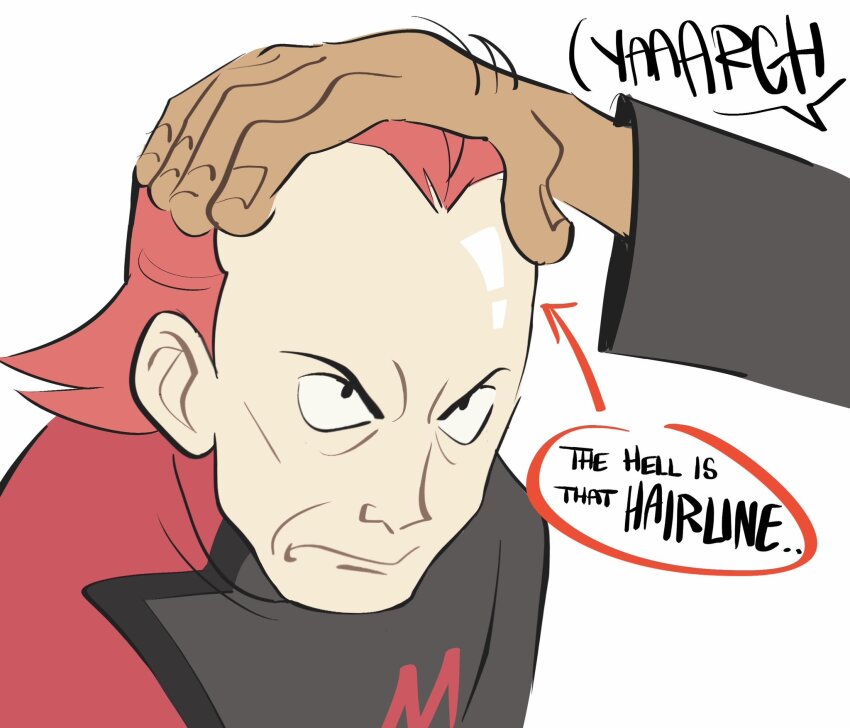 2boys archie_(pokemon) arrow_(symbol) black_eyes closed_mouth coat english_text hand_on_another&#039;s_head highres large_forehead logo looking_up lynn_(daisiloou) male_focus maxie_(pokemon) medium_hair multiple_boys nintendo pokemon pokemon_rse receding_hairline red_hair shiny_skin simple_background speech_bubble team_magma white_background