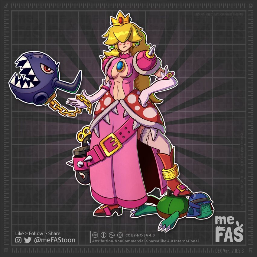 1girl belt bob-omb breasts bullet_bill chain_chomp digimon digimon_(creature) highres holy_ring kamemon mario mario_(series) medium_breasts nintendo original princess_peach turtle
