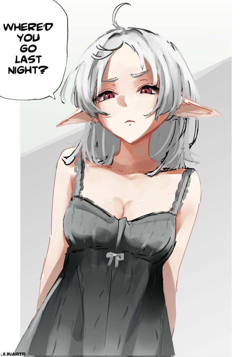 1girl artist_name breasts camisole cleavage collarbone cowboy_shot elf english_text gradient_background hair_between_eyes highres junarts looking_at_viewer medium_breasts medium_hair mushoku_tensei parted_bangs pointy_ears red_eyes simple_background solo speech_bubble sylphiette_(mushoku_tensei) upper_body white_hair