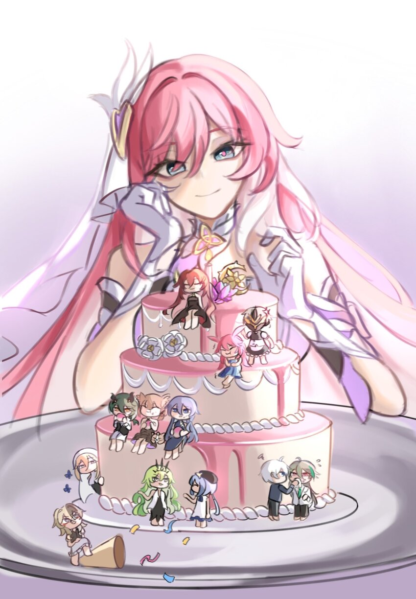 1girl animal_ears aponia bare_shoulders birthday_cake black_dress black_jacket black_pants black_shirt black_suit blonde_hair blue_(bluespring1513) blue_dress blue_eyes blue_hair brown_hair cake cake_decoration cat_ears confetti cosplay dress eden_(honkai_impact) elbow_gloves elysia_(herrscher_of_human:_ego)_(honkai_impact) elysia_(honkai_impact) food formal_clothes fu_hua gloves grey_hair griseo griseo_(starry_impression) hair_between_eyes highres honkai_(series) honkai_impact_3rd horns jacket kalpas_(honkai_impact) kalpas_(honkai_impact)_(cosplay) kevin_kaslana kosma long_hair maid mask mask_on_head mobius_(honkai_impact) pants pardofelis pink_pupils rabbit_ears red_hair shirt simple_background skirt su_(honkai_impact) suit table triquetra upper_body veil very_long_hair vill-v white_dress white_gloves white_hair white_jacket white_skirt white_veil yae_sakura