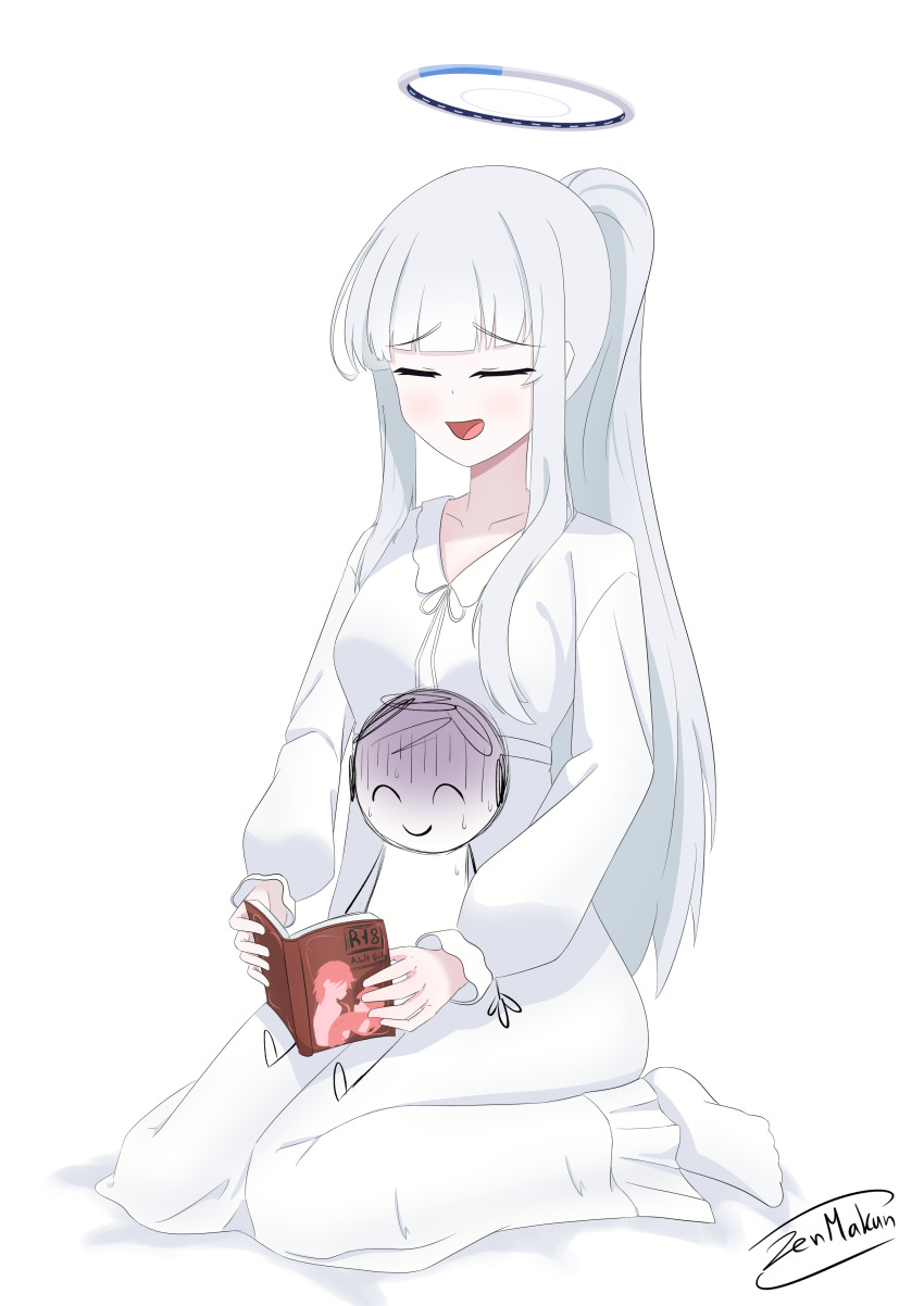 1boy 1girl absurdres artist_name blue_archive book breasts closed_eyes commentary doodle_sensei_(blue_archive) english_commentary halo highres holding holding_book horrified long_hair long_sleeves mechanical_halo nervous_sweating noa_(blue_archive) noa_(pajamas)_(blue_archive) official_alternate_costume open_book open_mouth pajamas ponytail reading scared sensei_(blue_archive) simple_background sitting sitting_on_lap sitting_on_person sweat turn_pale white_background white_hair white_pajamas zenmakun
