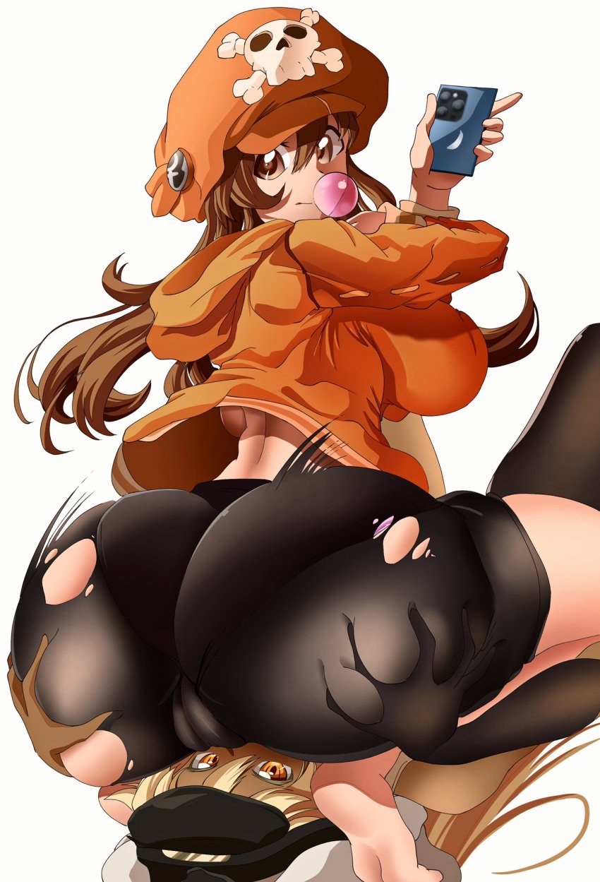 ass breasts cameltoe drawau guilty_gear hat highres hood hoodie large_breasts may_(guilty_gear) phone pirate_hat ramlethal_valentine sitting sitting_on_face sitting_on_person tagme