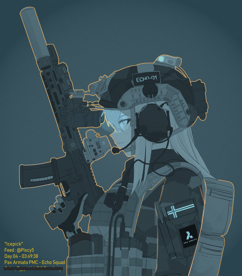 1girl absurdres ammunition_pouch artist_name assault_rifle backpack bag bar_censor battlefield_(series) battlefield_6 black_gloves black_sweater blonde_hair breasts brown_bag brown_gloves bulletproof_vest censored character_name combat_helmet dated_commentary english_text eotech fast_helmet flag_patch flashlight from_side gloves grey_background gun h&amp;k_hk416 headset helmet highres holding holding_gun holding_weapon laser_sight load_bearing_vest long_hair looking_at_viewer magazine_(weapon) medium_breasts military_operator night_vision_device norwegian_flag optical_sight original outline pen pixcy_(pixcy5) pouch rifle simple_background solo suppressor sweater tactical_clothes trigger_discipline two-tone_gloves unit_patch upper_body walkie-talkie weapon yellow_eyes yellow_outline