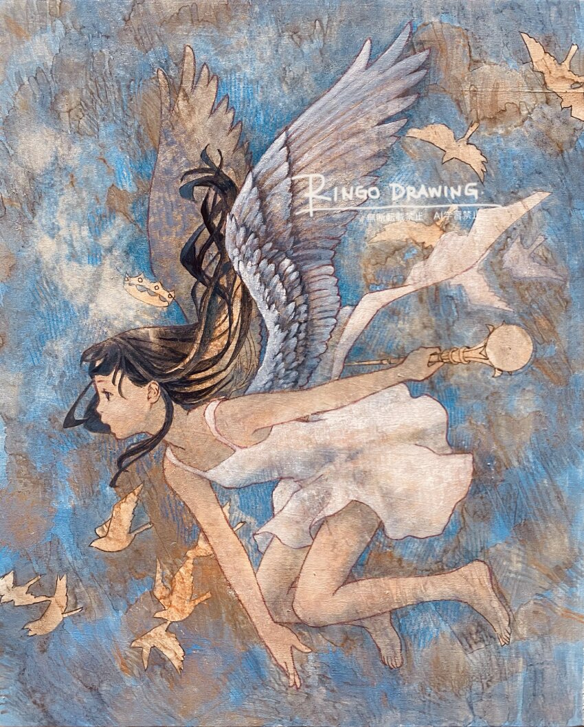 1girl angel_wings barefoot bird black_hair commentary_request crown dress feathered_wings floating_hair flying full_body highres holding holding_scepter long_hair oil_painting_(medium) open_mouth original painting_(medium) profile ringodrawing scepter sky solo traditional_media white_dress wings