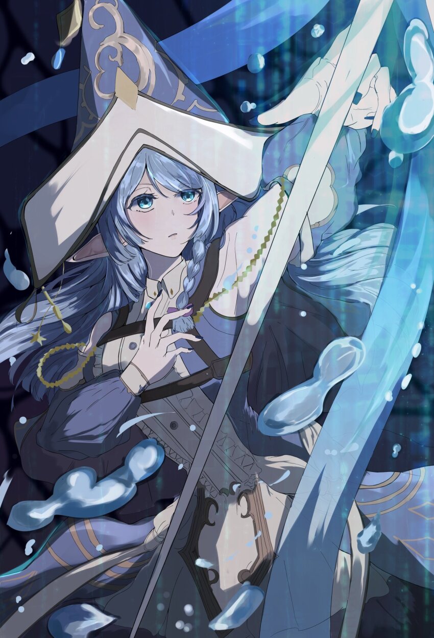 1girl armpits blue_dress blue_eyes blue_hair contrapposto cowboy_shot detached_sleeves dress duel_monster elf hat highres holding holding_staff pointy_ears solo staff uragawai water water_enchantress_of_the_temple witch_hat yu-gi-oh!