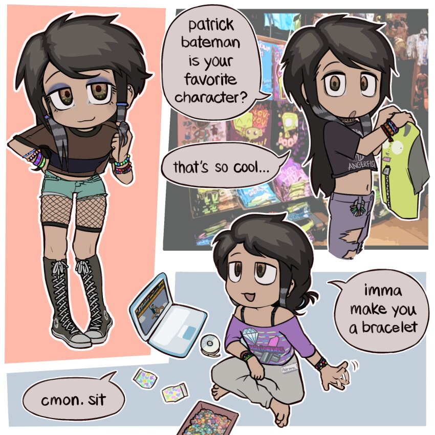 :o adriana_ortega american_psycho angerfist boots bracelet child computer converse crop_top denim eyeshadow fishnets gir_(invader_zim) highres homunculus100 invader_zim jeans jewelry laptop makeup millionaires_(band) newgrounds non-web_source original pants raccoon_tails_(hairstyle) salad_fingers salad_fingers_(series) scene_fashion shoes shop sitting smile sneakers speech_bubble