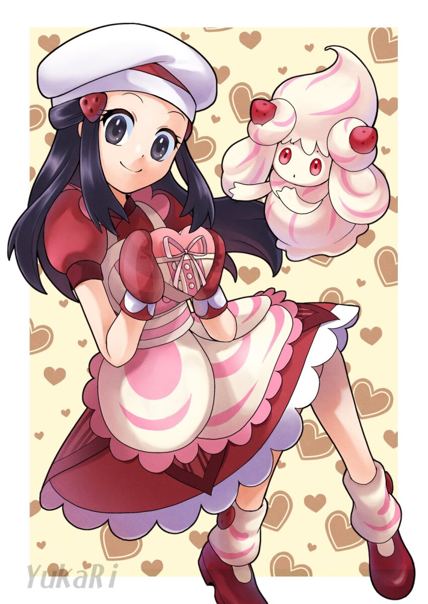 1girl alcremie alcremie_(strawberry_sweet) apron artist_name black_eyes black_hair box closed_mouth dawn_(palentine&#039;s_2021)_(pokemon) dawn_(pokemon) dress food-themed_hair_ornament gen_8_pokemon hair_ornament hairclip hat heart heart-shaped_box heart_background highres holding holding_box long_hair mittens nintendo official_alternate_costume oven_mitts pokemon pokemon_(creature) pokemon_masters_ex puffy_short_sleeves puffy_sleeves red_dress short_sleeves smile strawberry_hair_ornament valentine white_headwear yukari_(yukari21653710)