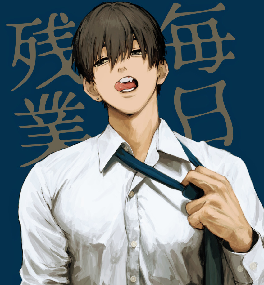 1boy absurdres adjusting_clothes adjusting_necktie black_hair blue_background buttons collared_shirt dress_shirt earrings fang gakudayo grey_eyes hand_up head_tilt highres jewelry long_sleeves looking_to_the_side male_focus necktie open_mouth original shirt short_hair single_earring solo tongue upper_body