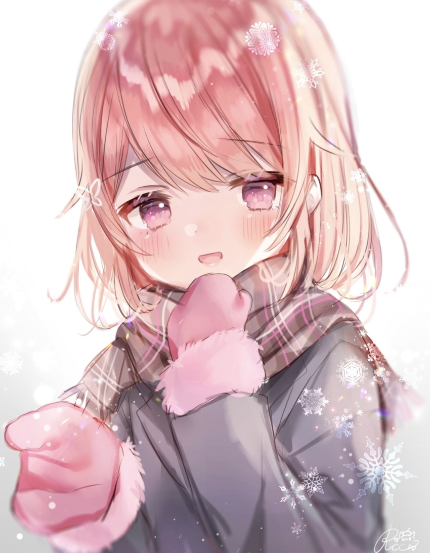 1girl :d bad_id bad_pixiv_id black_jacket blush brown_scarf copyright_request fringe_trim fur-trimmed_mittens fur_trim gradient_background grey_background hands_up highres indie_virtual_youtuber jacket long_sleeves looking_at_viewer mittens open_mouth pink_mittens plaid_clothes plaid_scarf purple_eyes red_hair rucaco scarf signature smile snowflakes solo upper_body virtual_youtuber white_background