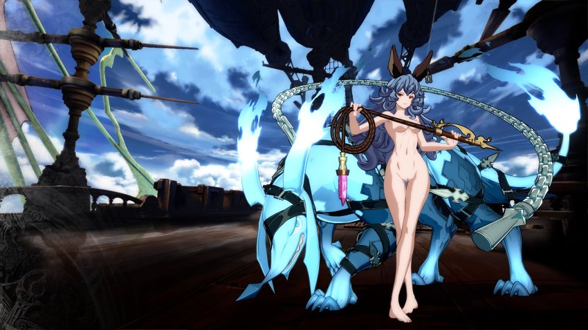 1girl 3d animal_ears blue_hair breasts erune ferry_(granblue_fantasy) granblue_fantasy granblue_fantasy_versus highres nipples nude whip xxsjxx