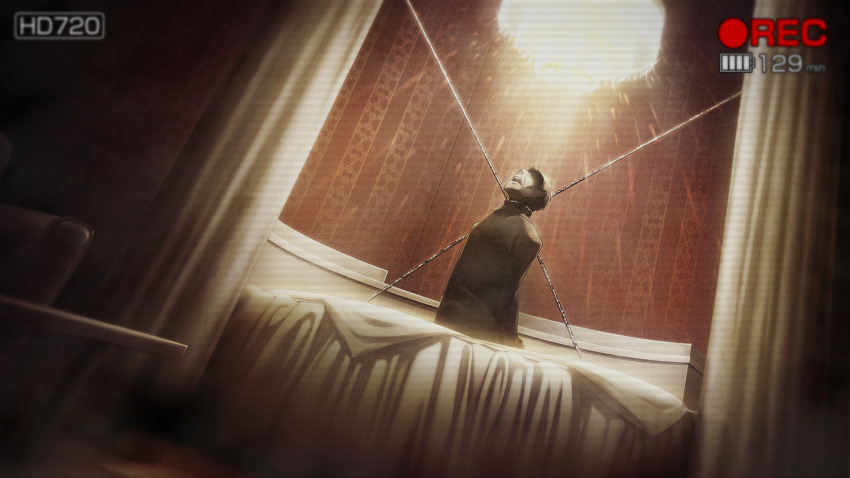 1boy armchair battery_indicator bed_sheet black_jacket black_pants bound brown_jacket brown_suit camcorder chair chandelier chaos;child crying curtains death faceless faceless_male facing_up formal_clothes game_cg hidden_camera highres jacket kakita_hironori kneeling non-web_source official_art on_bed open_mouth pants recording round_bed sasaki_mutsumi shirt short_hair solo strangling streaming_tears suit tears teeth tongue upper_teeth_only video_camera viewfinder vinyl_record white_shirt