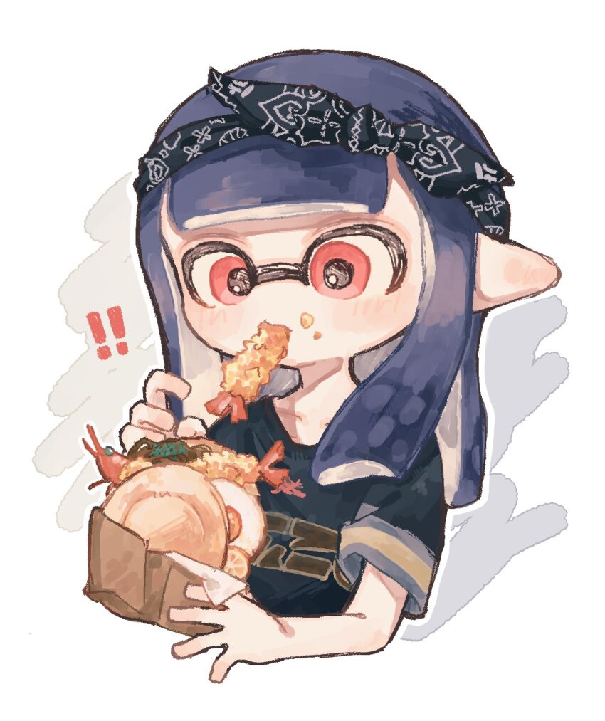 ! !! 1girl bandana black_bandana black_shirt blue_hair blunt_bangs commentary eating food food_in_mouth food_on_face food_wrapper fried_egg highres holding holding_food inkling inkling_girl inkling_player_character long_hair mouth_hold nintendo pointy_ears print_bandana red_eyes sandwiched shirt short_sleeves shrimp shrimp_tempura solo splatoon_(series) symbol-only_commentary tayu_02 tempura tentacle_hair white_background
