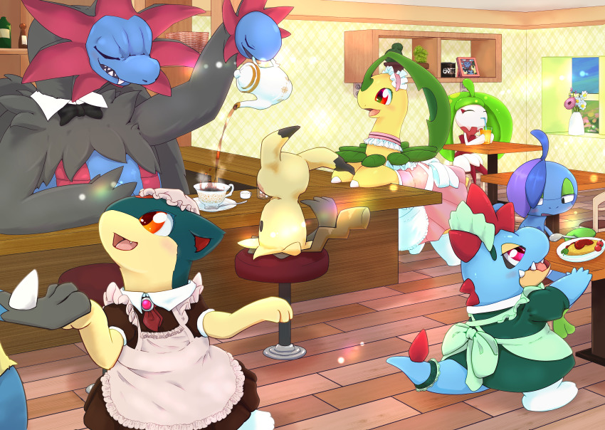 ^_^ absurdres ahoge animal_ears animal_hands apron arm_up ascot back_bow bar_(place) bayleef black_bow black_bowtie black_eyes blue_fur blue_hair blue_skin blush body_fur bottle bow bowtie brooch brown_dress cactus cafe closed_eyes clothed_pokemon collared_dress colored_skin croconaw cup detached_collar dragon_boy dress drink drinking drinking_glass drinking_straw drizzile eye_contact fang flat_chest flower food frilled_apron frilled_hairband frills full_body furry furry_female furry_male gem gen_2_pokemon gen_4_pokemon gen_5_pokemon gen_7_pokemon gen_8_pokemon green_apron green_bow green_dress green_hair hairband half-closed_eyes hat highres holding holding_drink holding_drinking_glass holding_hands holding_spoon holding_teapot hydreigon indoors jewelry light_blush lizard_tail long_hair looking_at_another looking_up lucario maid_apron maid_cafe maid_headdress mimikyu mob_cap monster_girl multicolored_hair multicolored_skin multiple_heads neck_garter nintendo omelet omurice on_chair on_stool open_mouth photo_(object) pink_apron pink_dress pink_flower pink_hairband pink_headwear plant plant_girl plate pokemon pokemon_(creature) potted_plant pouring puffy_short_sleeves puffy_sleeves purple_hair quilava red_ascot red_eyes red_gemstone reptile_girl saucer sharp_teeth shelf short_hair short_sleeves shuu_kuchiba sitting socks spoon standing steam steenee table tail tail_garter tea teacup teapot teeth tomato tongue traditional_bowtie twintails two-tone_fur two-tone_hair two-tone_skin u_u vase white_apron white_bow white_socks window wooden_floor yellow_flower yellow_fur yellow_skin